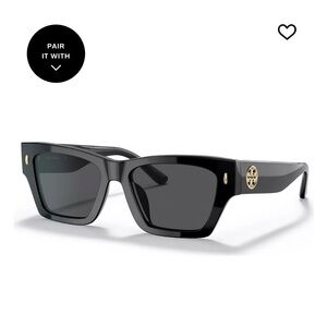 Tory Burch Glossy Black Rectangular Sunglasses with Gold Emblem